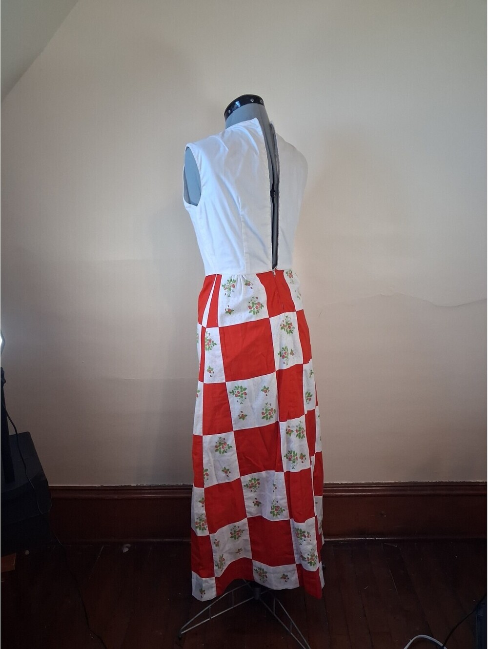 1970s Vintage Dress, Strawberry Checkered Sun Dress, Maxi Patchwork Dress Sz S - Picture 7 of 9
